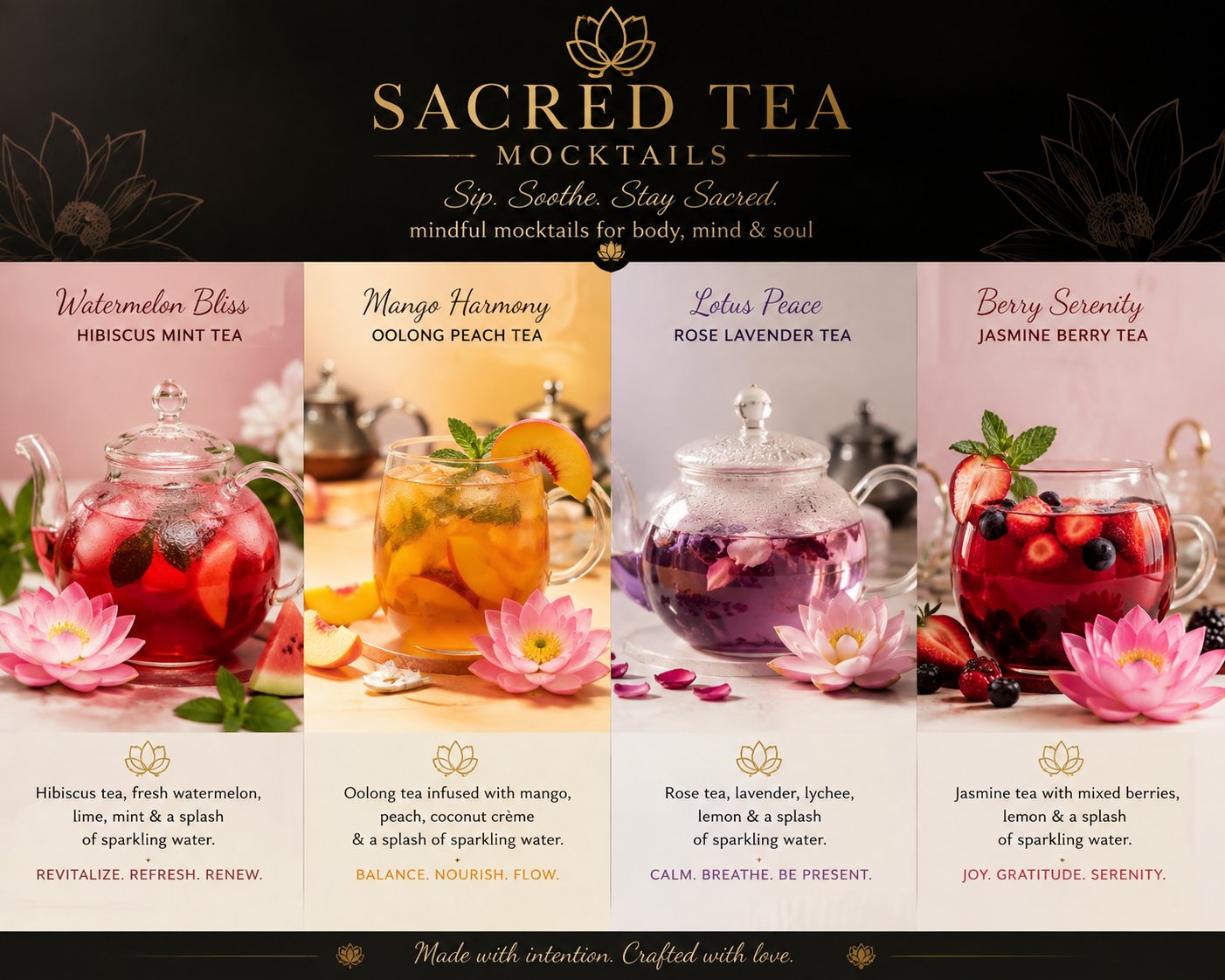 Sacred Tea Mocktails — four signature tea varieties with flavor notes and mantras