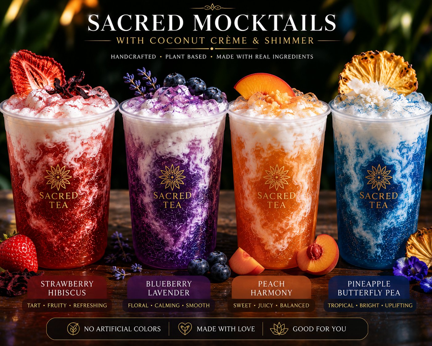Sacred Mocktails — four vibrant handcrafted tea mocktails with coconut crème, shimmer and fresh fruit garnishes