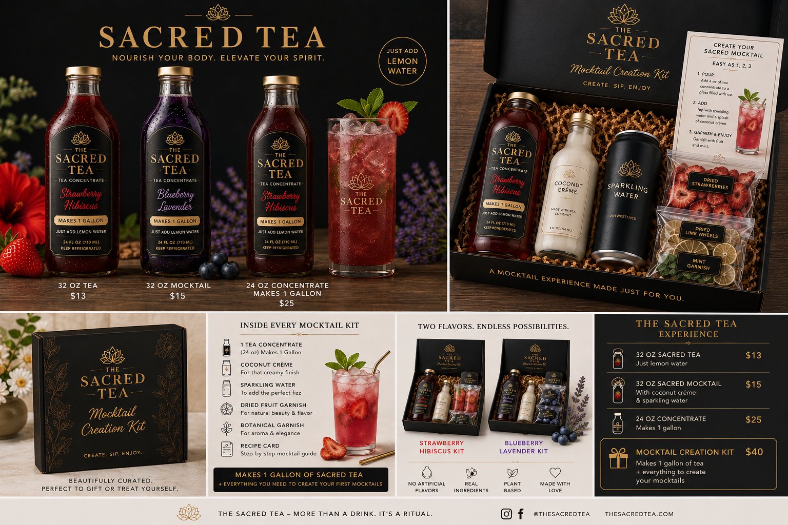 Sacred Tea concentrates and mocktail kits — branded bottles, kits and prepared drinks