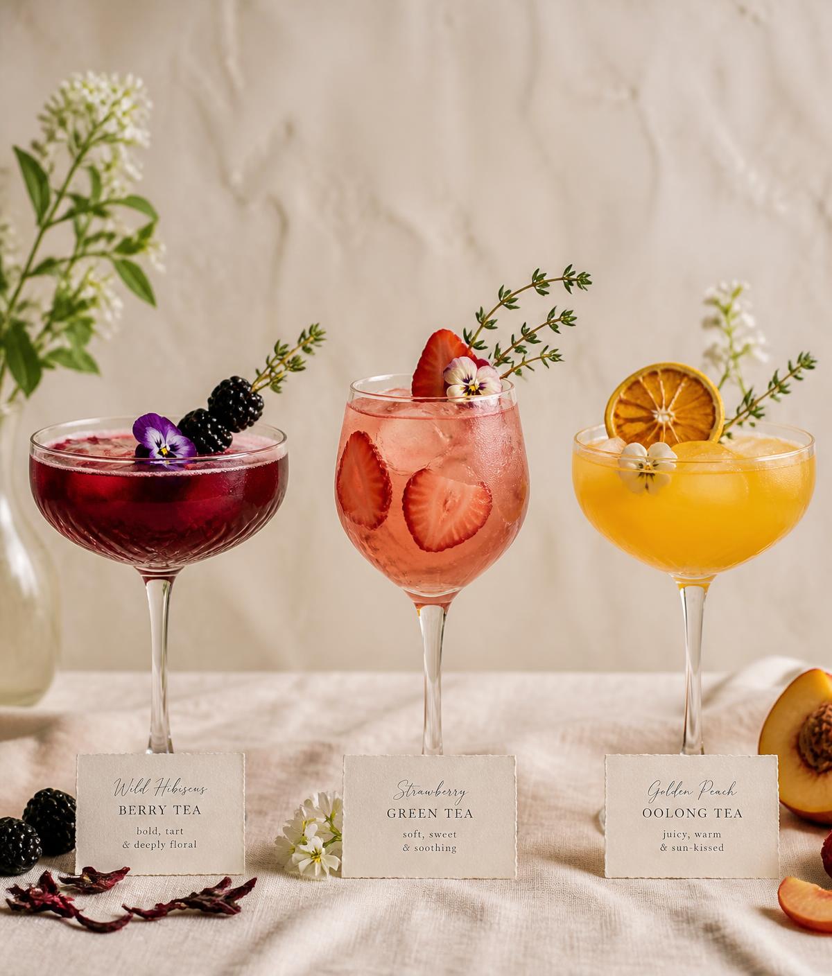 Three signature Sacred Tea mocktails in berry, strawberry and peach with edible flower garnishes