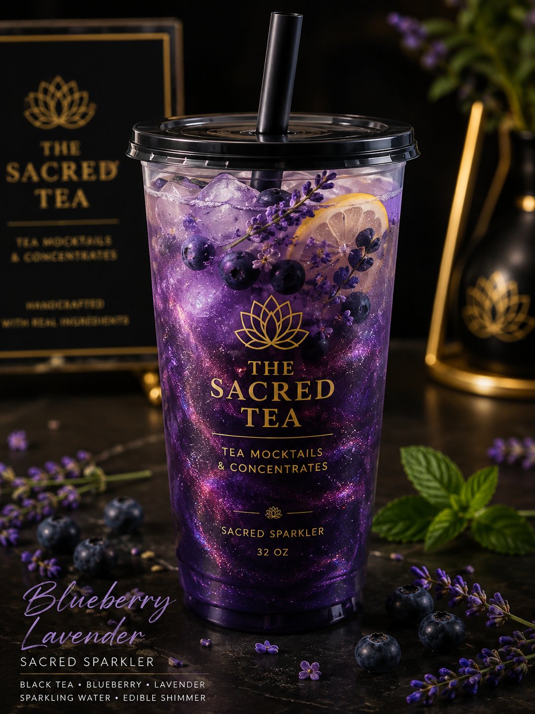Blueberry Lavender Sacred Sparkler in a clear cup with edible shimmer, blueberries and lavender